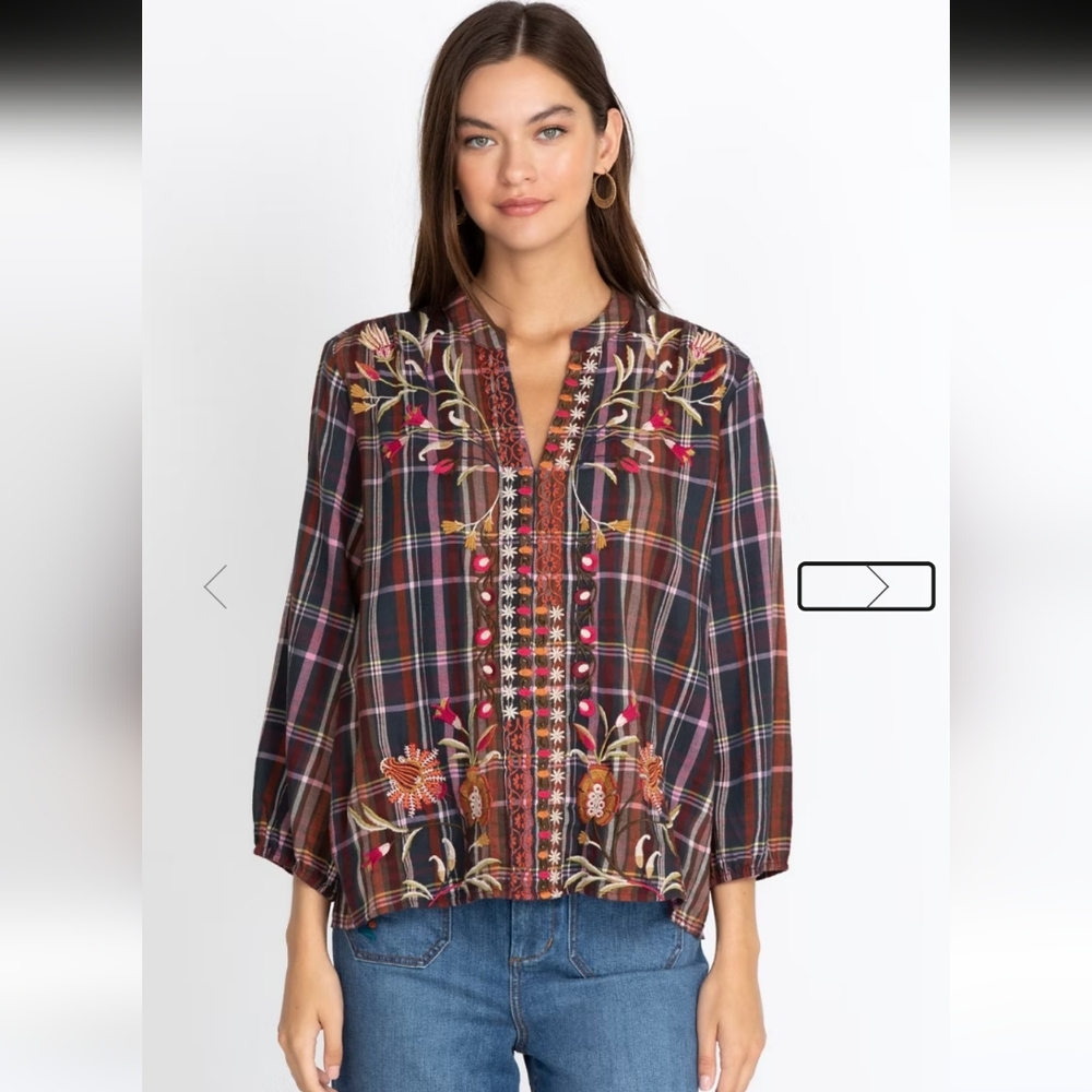 Johnny Was Rosalva Paris Effortless Blouse Plaid Floral Top Embroidered Red